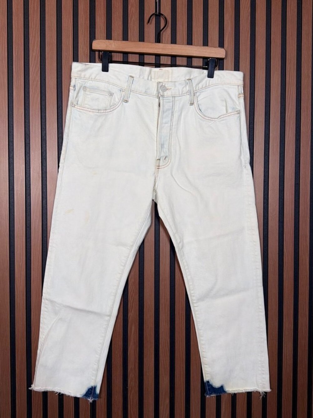 Mother Jeans 26 Womens White Blue Denim Stretch Chaser Ankle Cuff Fray